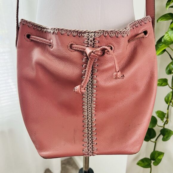 The Sak Handbags - The Sak Ivy Pink Soft Leather Crochet Trim Boho Crossbody Bag Purse